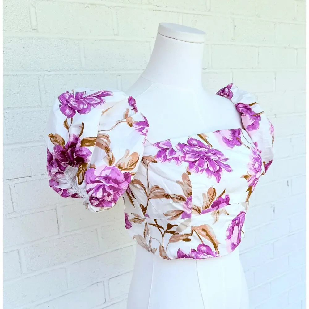 Abercrombie Floral Puff Sleeve Crop Top Medium NWT Cottagecore Summer